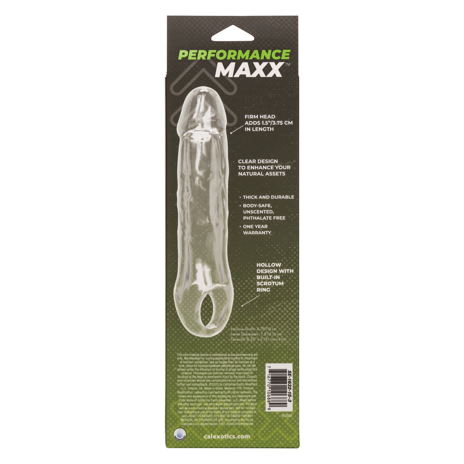 CalExotics Performance Maxx Clear Extension 6.5 Inch Hollow Design with Scrotum Strap – Clear