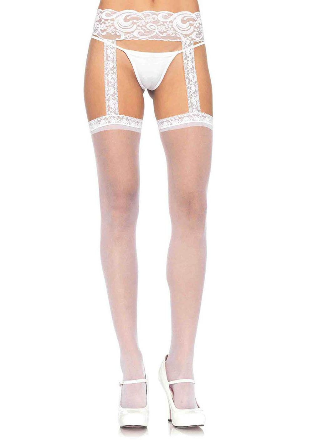 Leg Avenue Sheer Thigh Highs Stockings with Lace Garterbelt - White