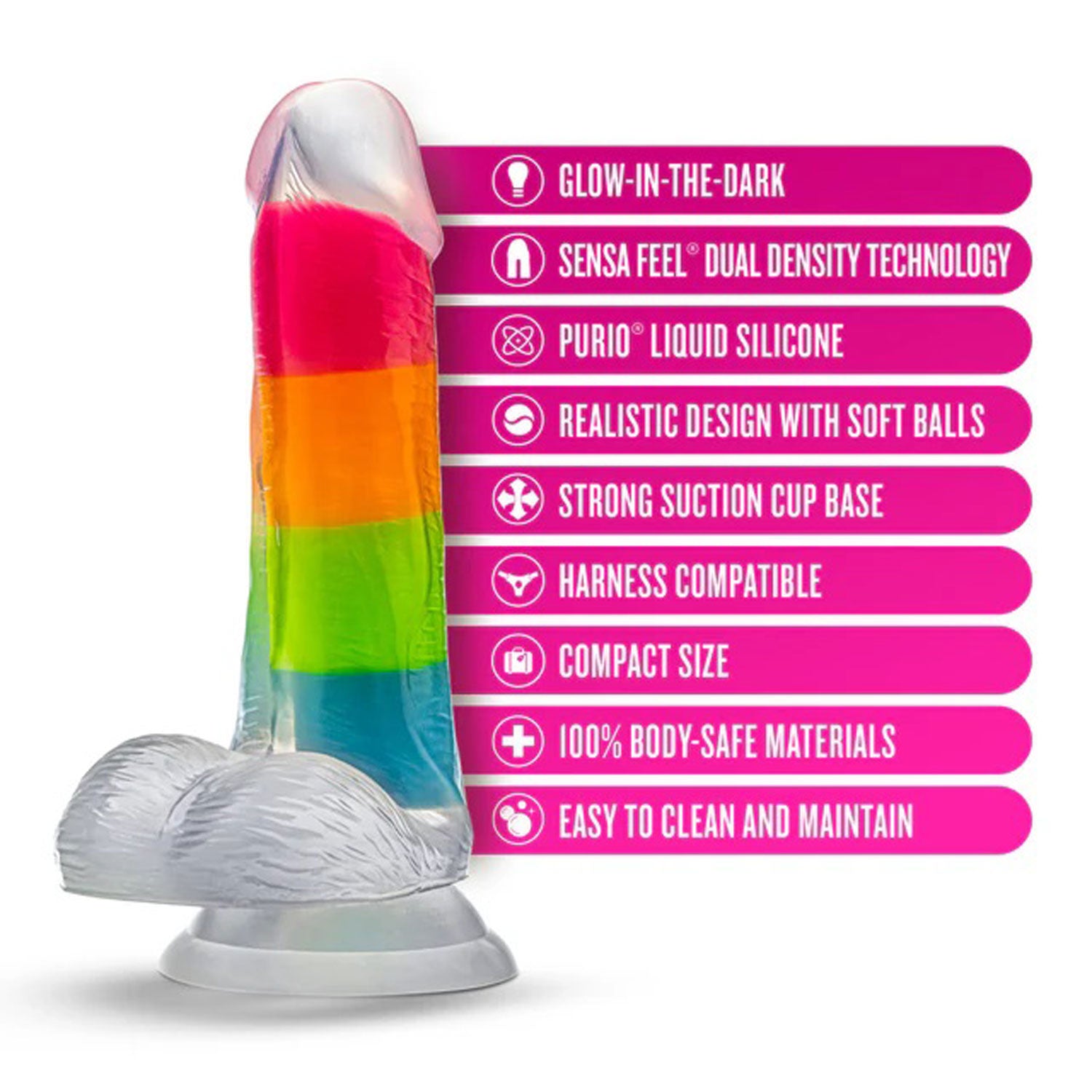 Blush Neo Elite Rainbow Rave Dual Density Dildo – Glow-in-the-Dark, Multicolored