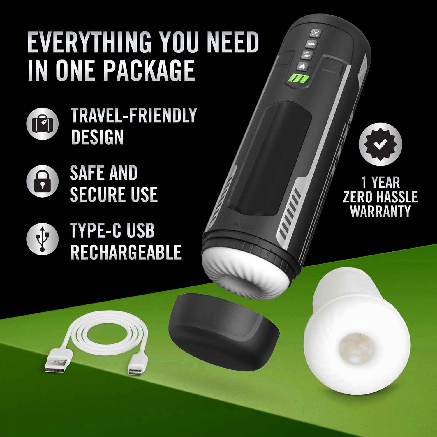 M for Men Master Blaster Automatic Male Masturbator with Vibrating and Warming Features - Black