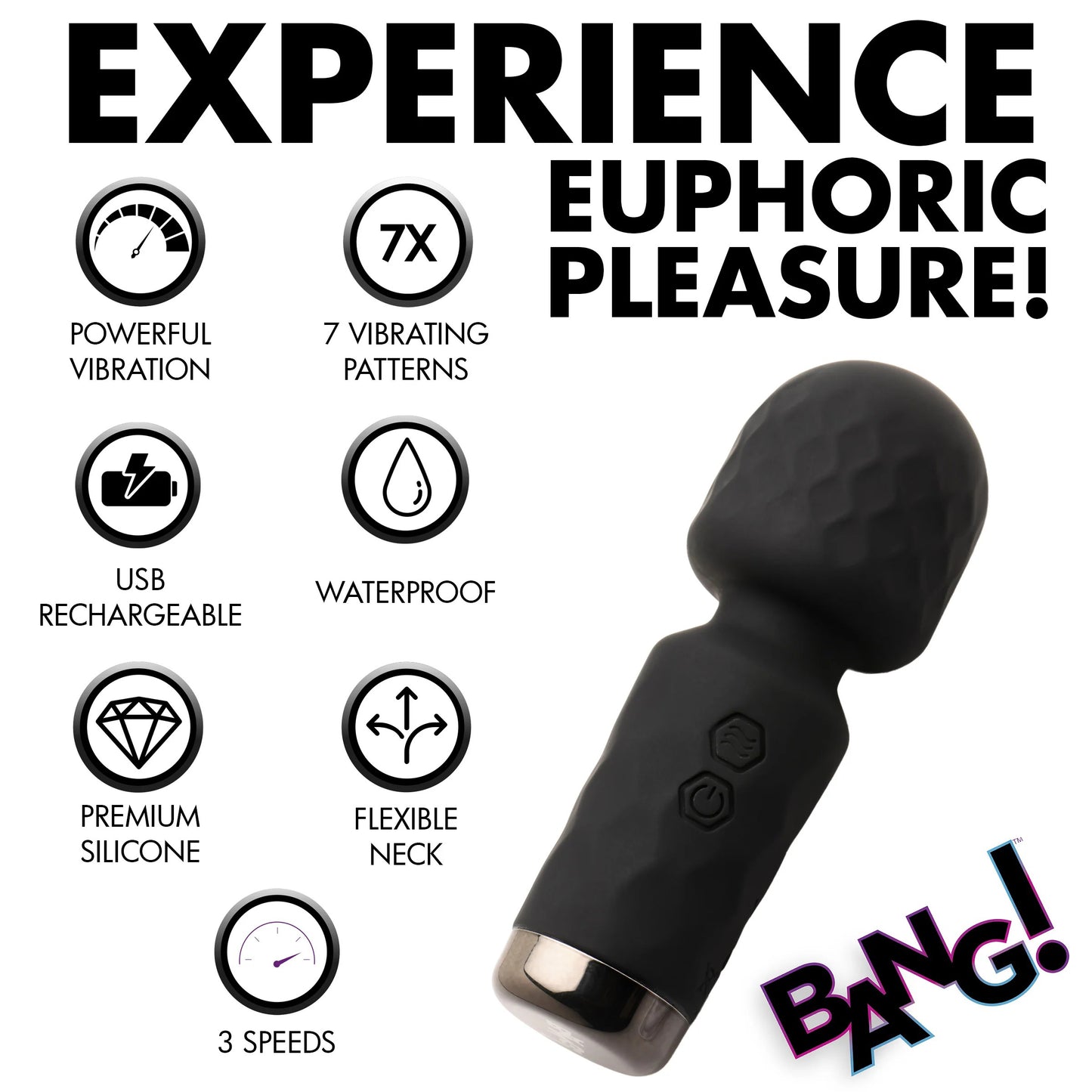 XR Brands 10x Mini Silicone Wand - Black - Waterproof Rechargeable Vibrator