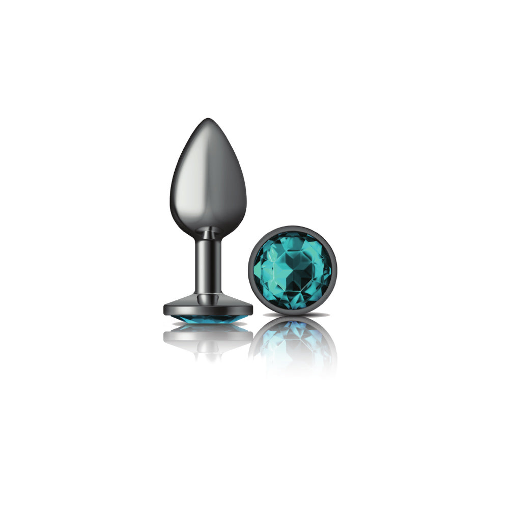 Cheeky Charms Small Teardrop Shaped Anal Plug with Teal Acrylic Gemstone - Gunmetal