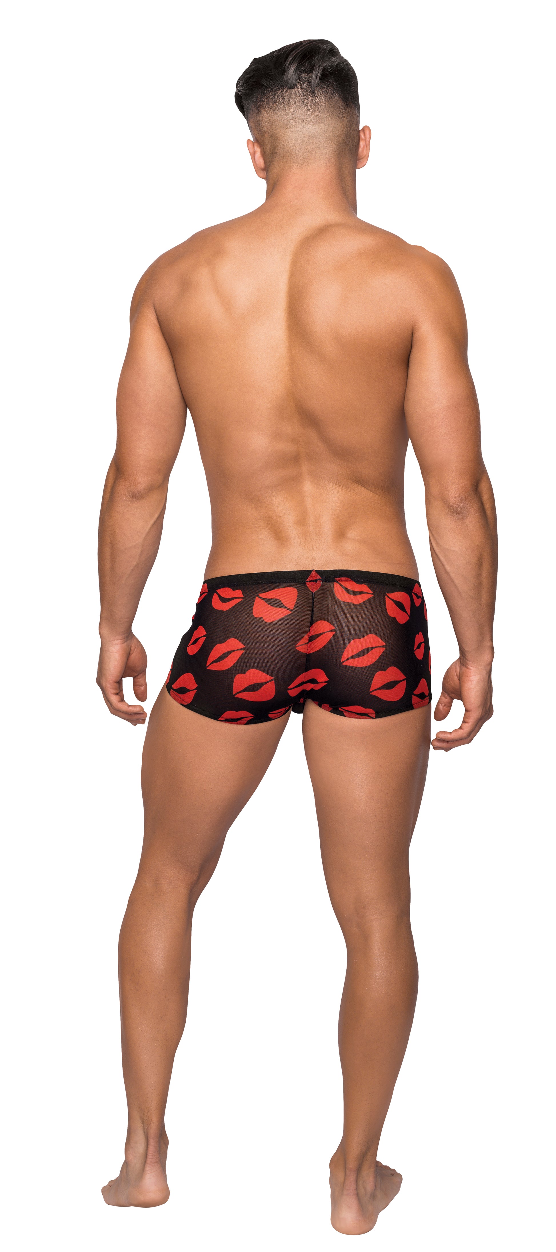 Male Power Kiss Me Mini Shorts – Sheer Lips Print – Black – Large