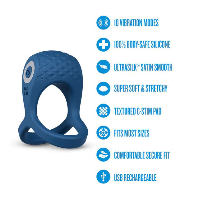 Performance Plus Dual Flex Pro Cock Ring and Ball Strap with 10 Vibration Modes - Blue