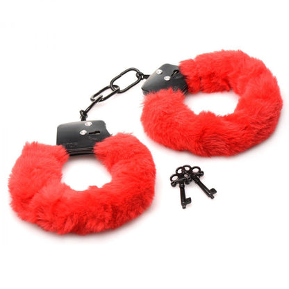 XR Brands Cuffed in Fur Furry Handcuffs - Red - Adjustable with Quick Release