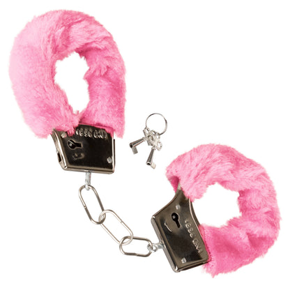 CalExotics Playful Furry Cuffs - Pink Metal Faux Fur Handcuffs with Safety Release